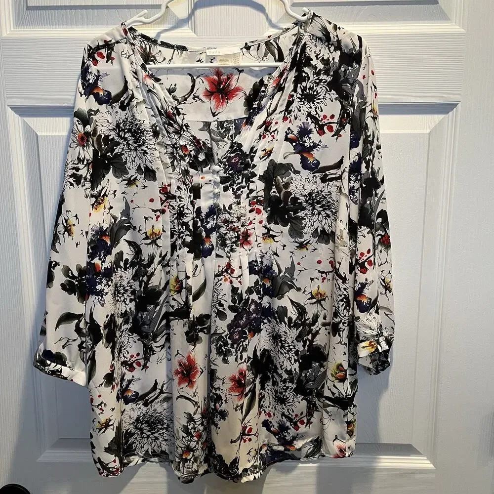 Dalia Blouse Womens 1X Floral Multicolored 3/4 Sleeve Boho Artsy Abstract - Picture 1 of 13
